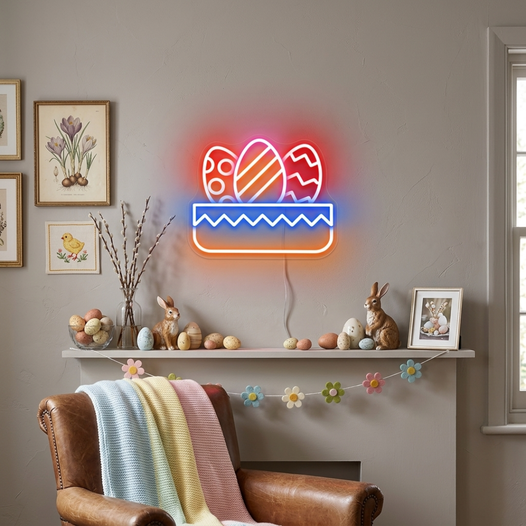 Egg Basket neon sign glowing on wall for Easter décor by LEDNeons