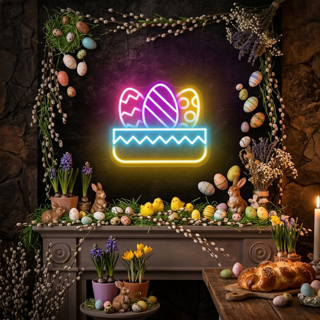 Egg Basket neon sign glowing on wall for Easter décor by LEDNeons