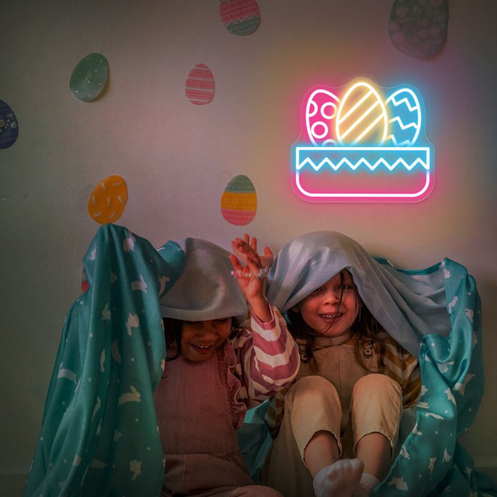 Egg Basket neon sign glowing on wall for Easter décor by LEDNeons