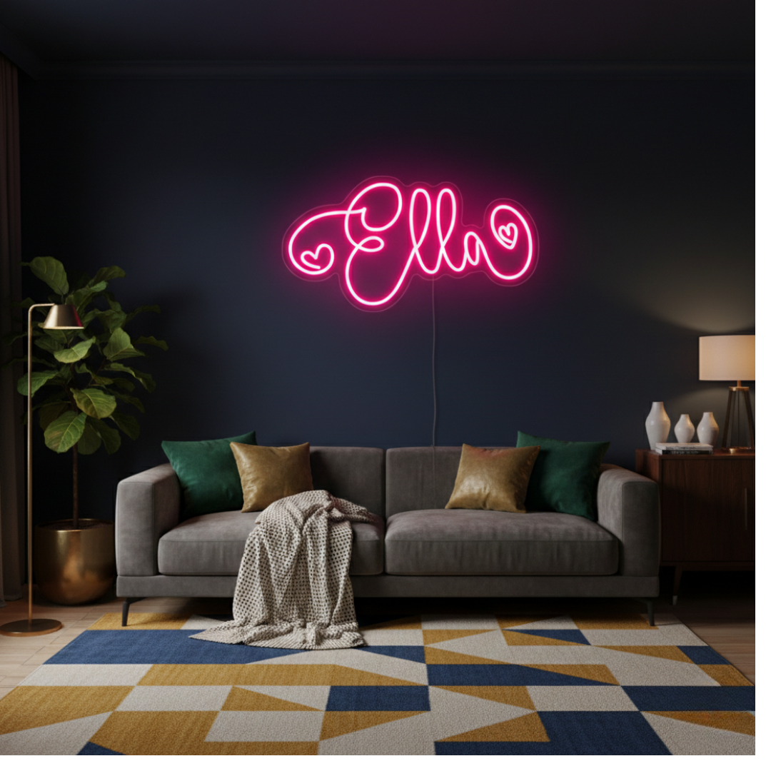"Ella" Name LED Neon sign by LEDNeons -  glowing softly on a wall, adding a personalized and stylish decorative touch.