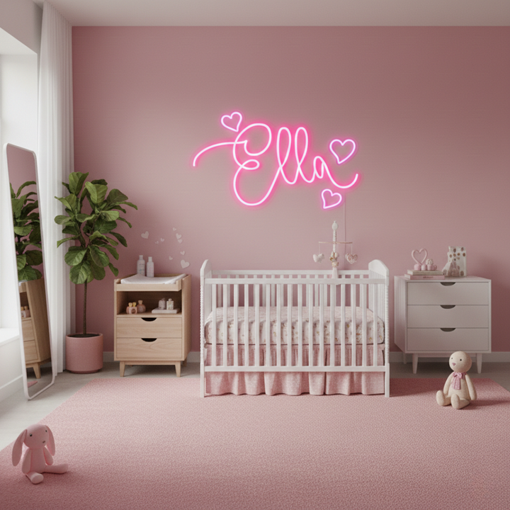 "Ella" Name LED Neon sign by LEDNeons -  glowing softly on a wall, adding a personalized and stylish decorative touch.