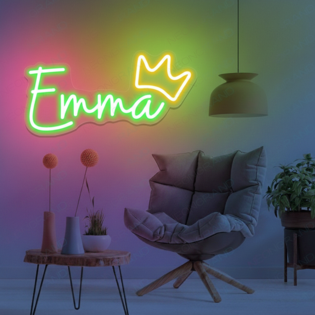 Emma Name Neon sign by LEDNeons  -  lit up on a wall, offering a personalized and stylish decorative accent.
