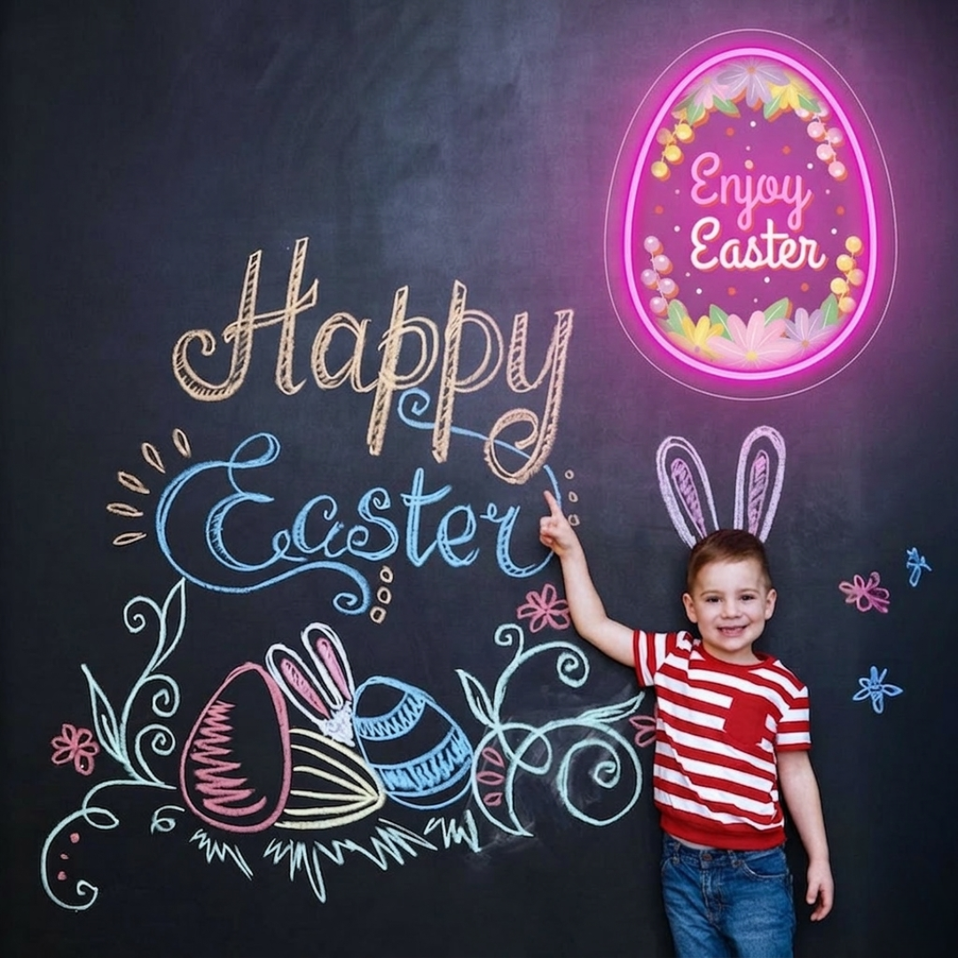 Enjoy Easter Egg UV printed neon sign glowing on wall by LEDNeons