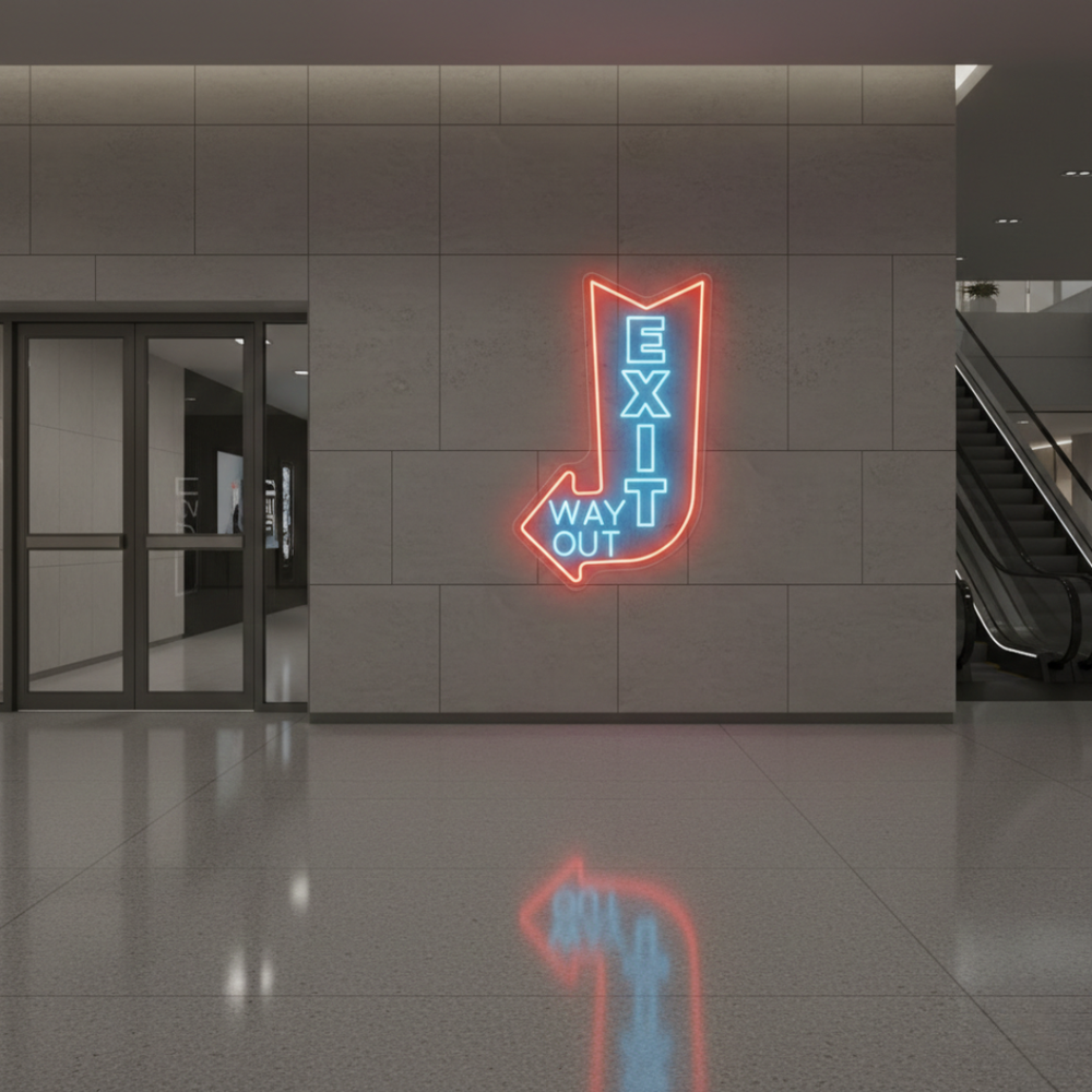 Exit Way Out with arrow Neon sign by LEDNeons -  Bright neon sign brightly glowing to indicate the direction of an exit.