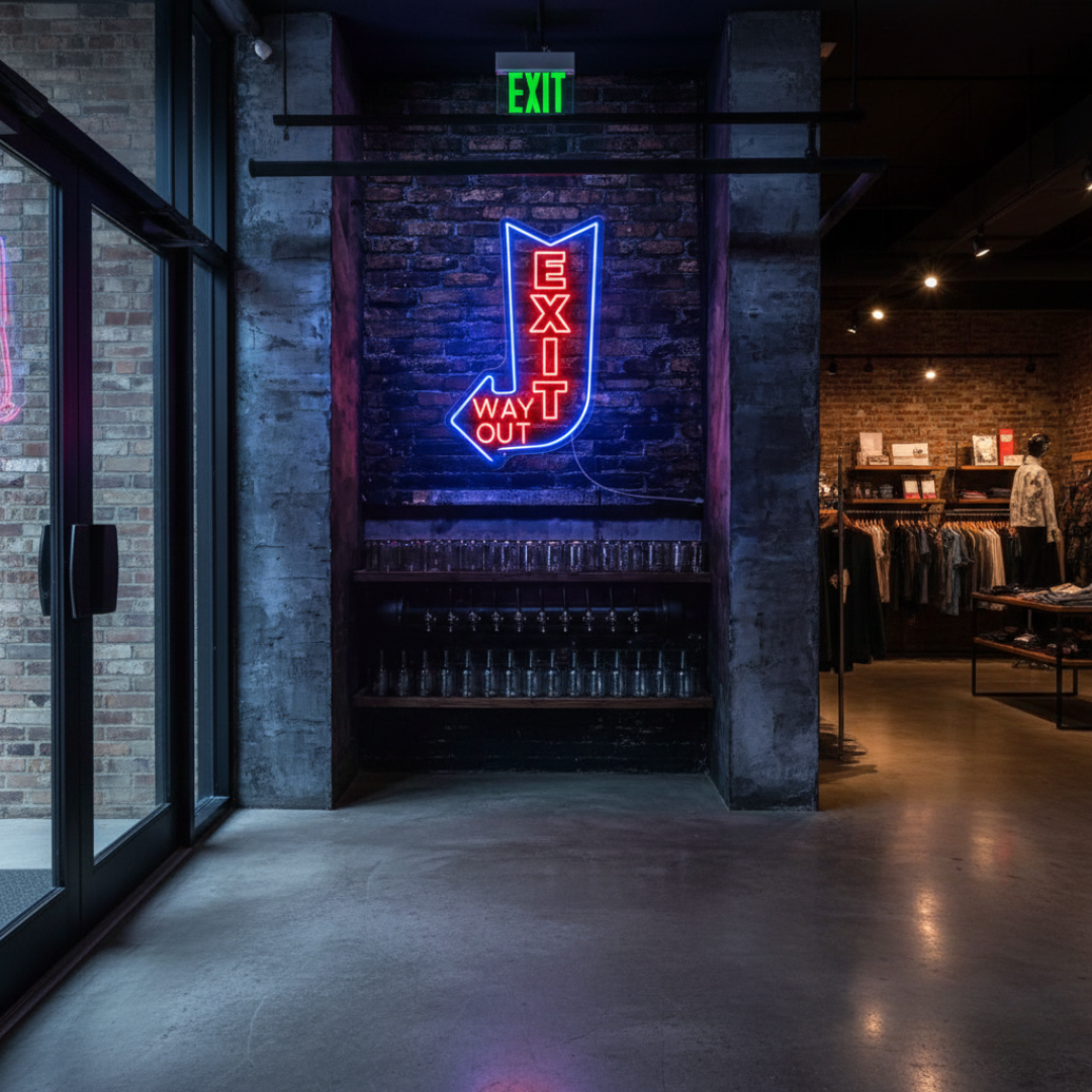 Exit Way Out with arrow Neon sign by LEDNeons -  Bright neon sign brightly glowing to indicate the direction of an exit.