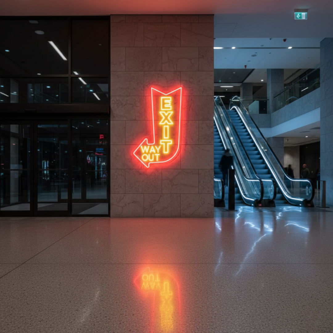 Exit Way Out with arrow Neon sign by LEDNeons -  Bright neon sign brightly glowing to indicate the direction of an exit.