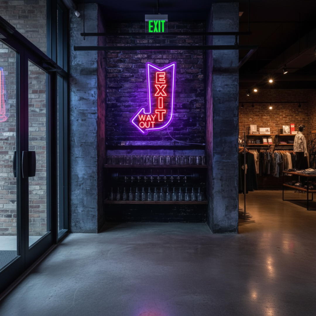 Exit Way Out with arrow Neon sign by LEDNeons -  Bright neon sign brightly glowing to indicate the direction of an exit.