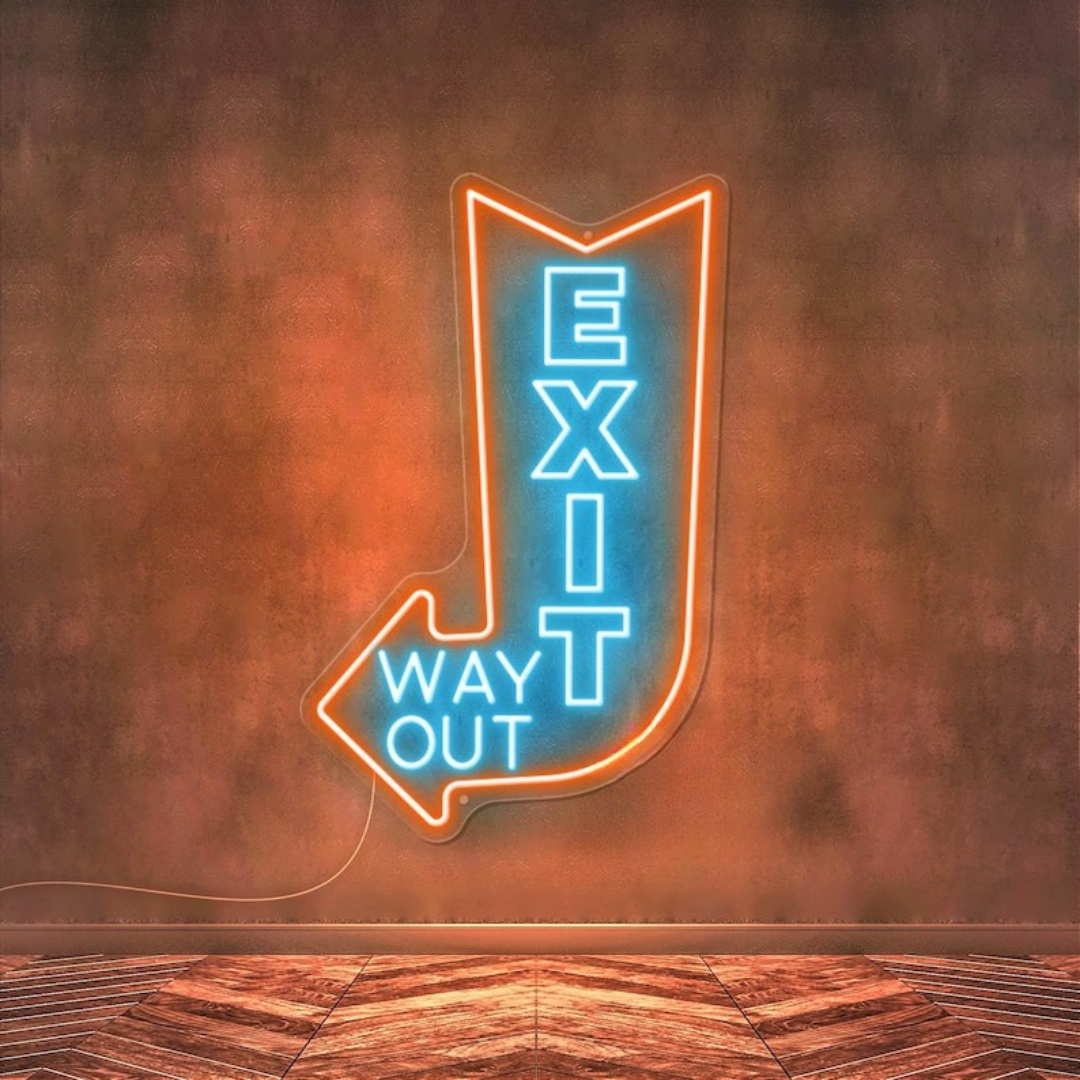 Exit Way Out with arrow Neon sign by LEDNeons -  Bright neon sign brightly glowing to indicate the direction of an exit.