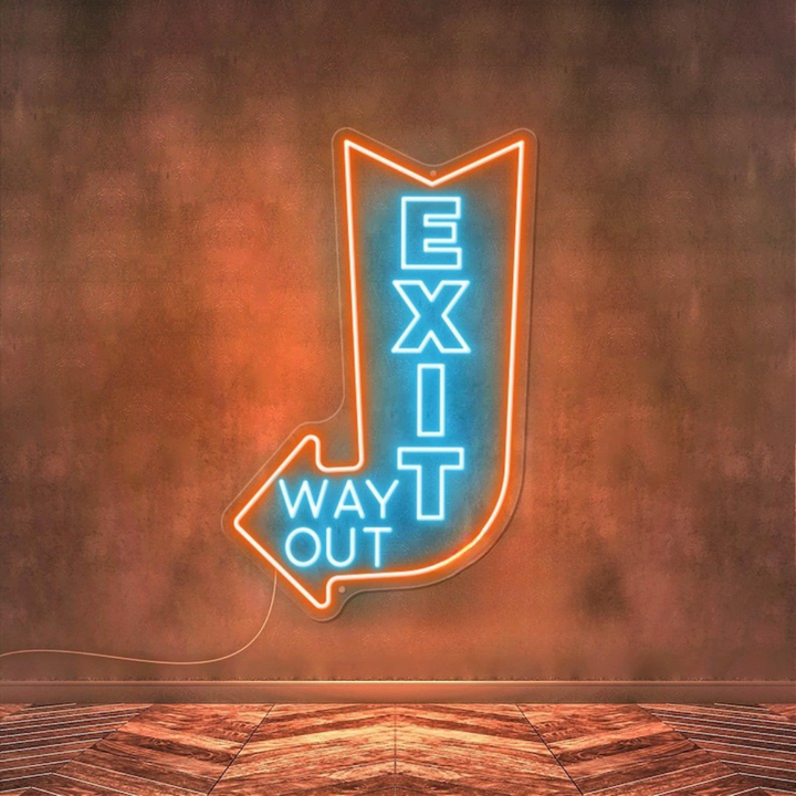 Exit Way Out with arrow Neon sign by LEDNeons -  Bright neon sign brightly glowing to indicate the direction of an exit.