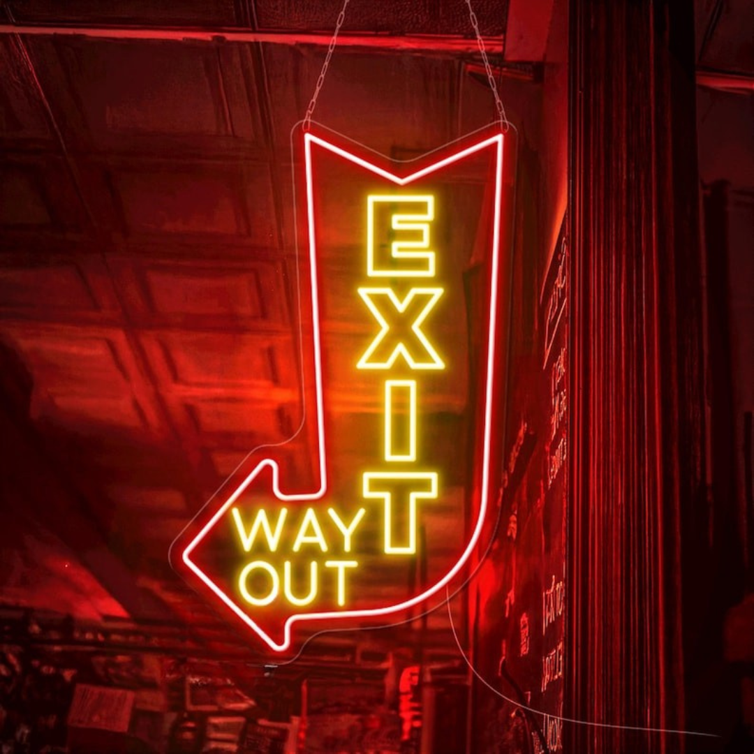 Exit Way Out with arrow Neon sign by LEDNeons -  Bright neon sign brightly glowing to indicate the direction of an exit.