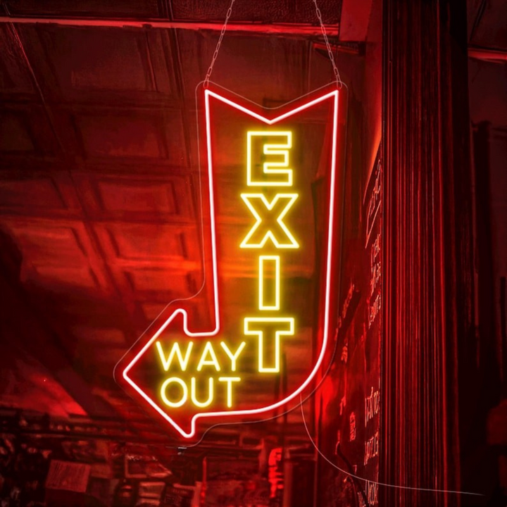 Exit Way Out with arrow Neon sign by LEDNeons -  Bright neon sign brightly glowing to indicate the direction of an exit.