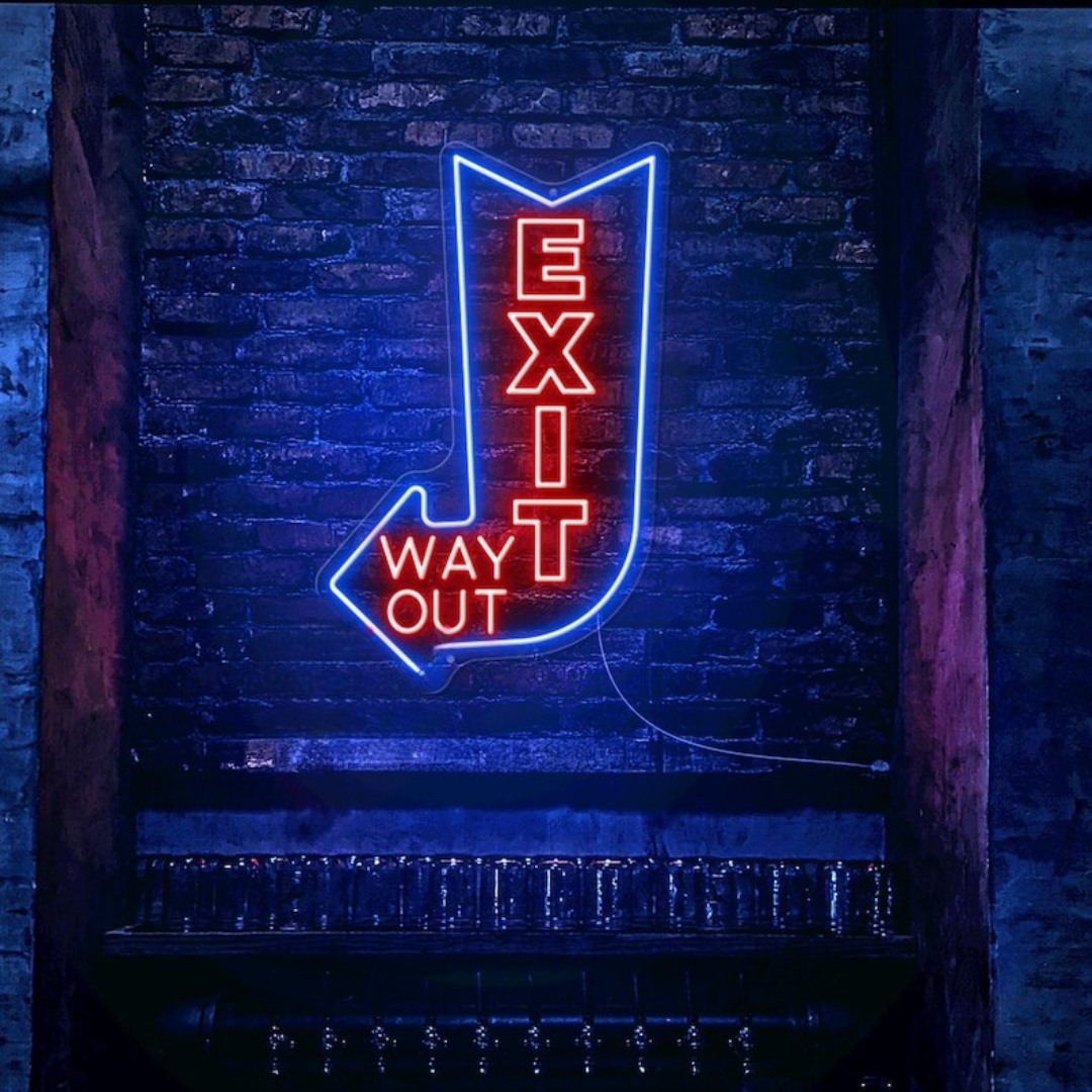 Exit Way Out with arrow Neon sign by LEDNeons -  Bright neon sign brightly glowing to indicate the direction of an exit.