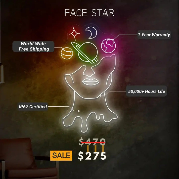 Face Stars Neon Sign by LEDNeons  a captivating neon design featuring an abstract face surrounded by glowing stars