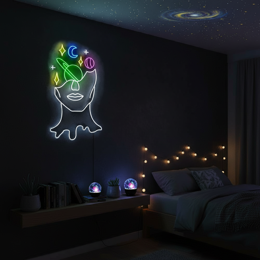 Face Stars Neon Sign by LEDNeons  a captivating neon design featuring an abstract face surrounded by glowing 