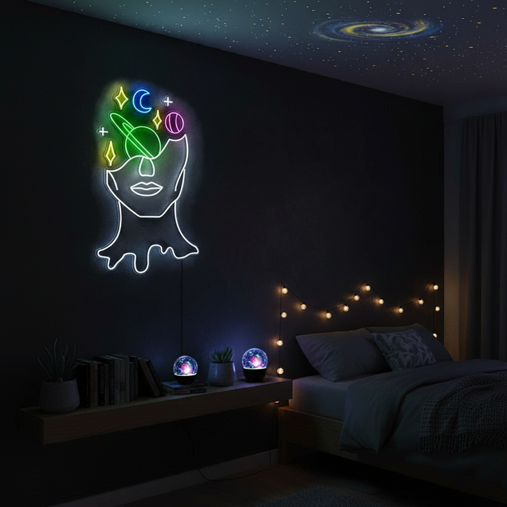 Face Stars Neon Sign by LEDNeons  a captivating neon design featuring an abstract face surrounded by glowing 