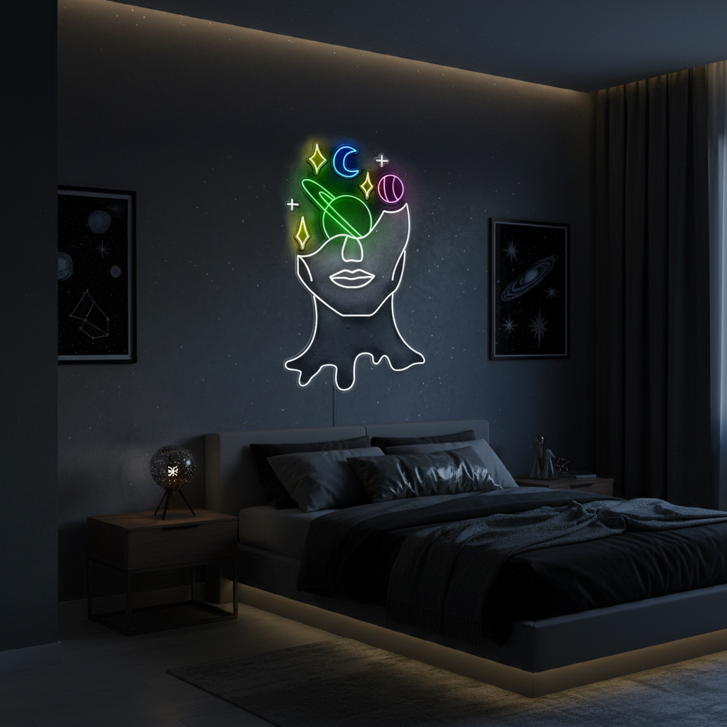 Face Stars Neon Sign by LEDNeons  a captivating neon design featuring an abstract face surrounded by glowing 