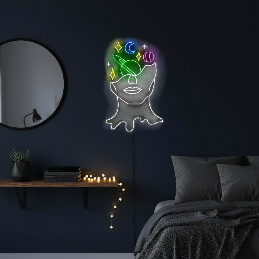 Face Stars Neon Sign by LEDNeons  a captivating neon design featuring an abstract face surrounded by glowing stars