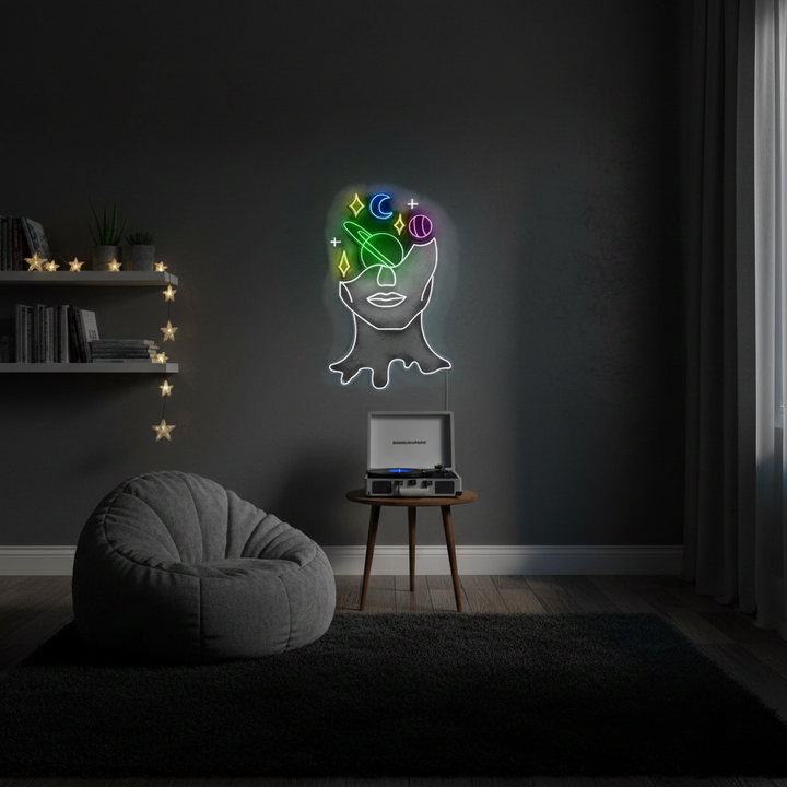 Face Stars Neon Sign by LEDNeons  a captivating neon design featuring an abstract face surrounded by glowing stars