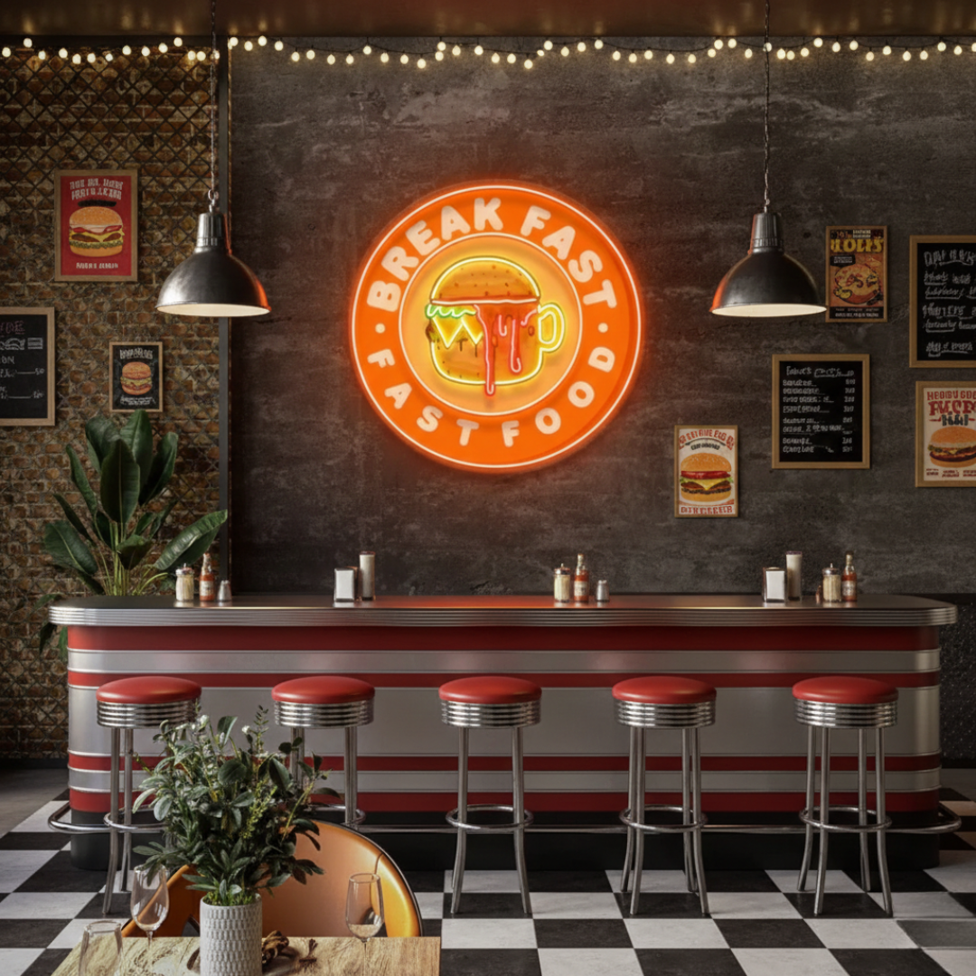Fast Food Hamburger And Coffee UV Art LED Neon Sign in orange colour by LEDNeons 