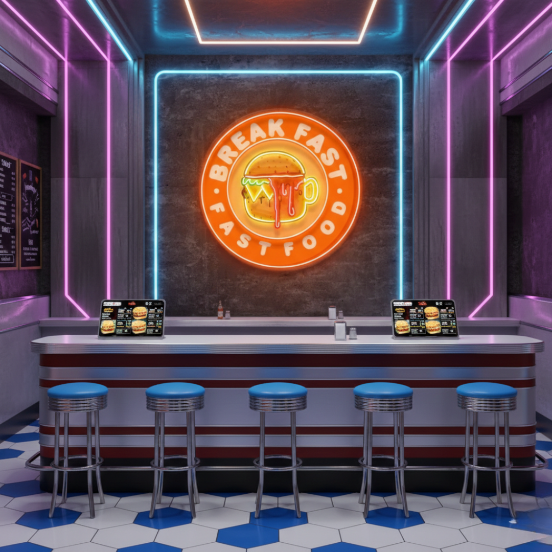 Fast Food Hamburger And Coffee UV Art LED Neon Sign in orange colour by LEDNeons 