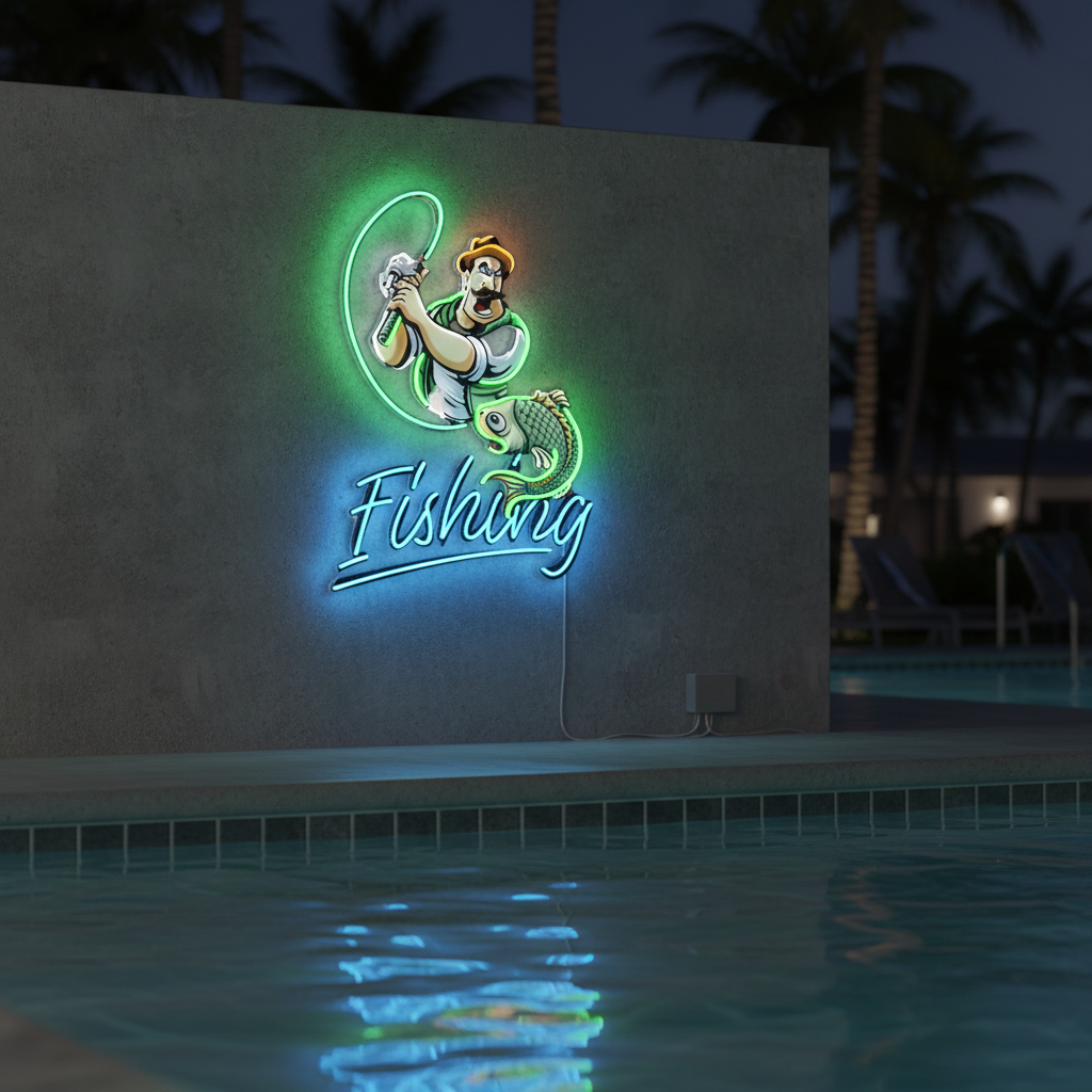 Ferocious Fisherman UV Art LED Neon Sign in green and blue color by LEDneons 