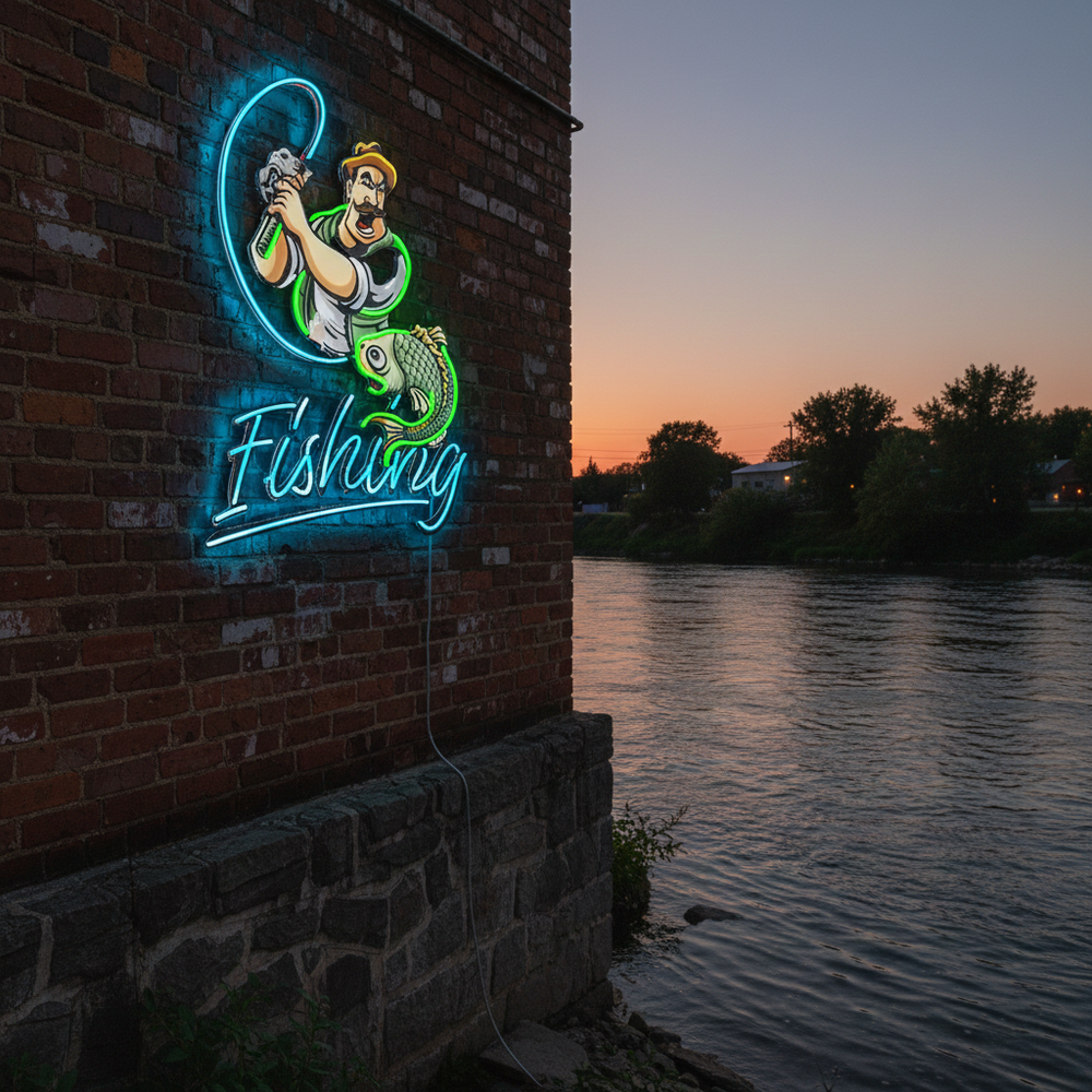 Ferocious Fisherman UV Art LED Neon Sign in green and blue color by LEDneons 