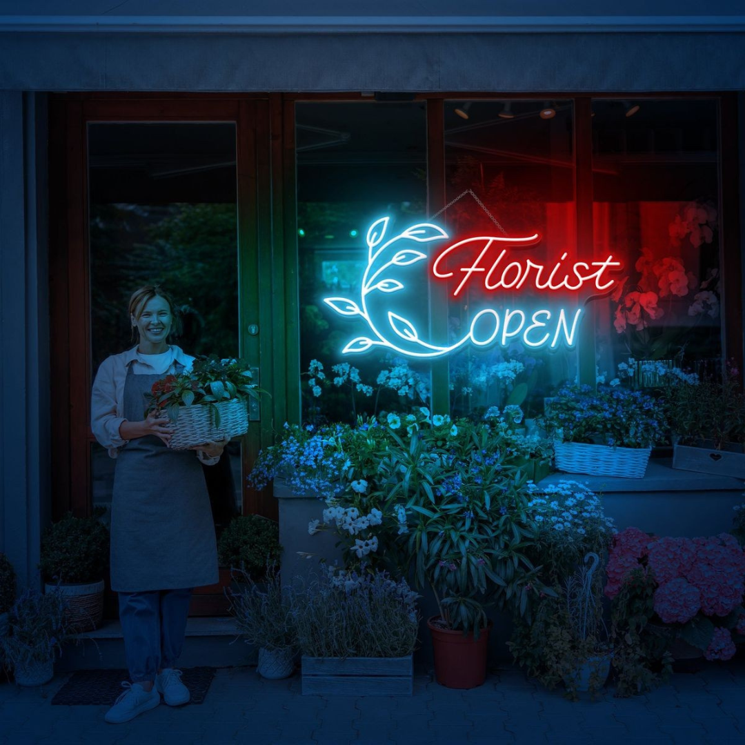 Florist Open Business Neon Sign by LEDNeons -  LED Neon Sign glowing in shop window