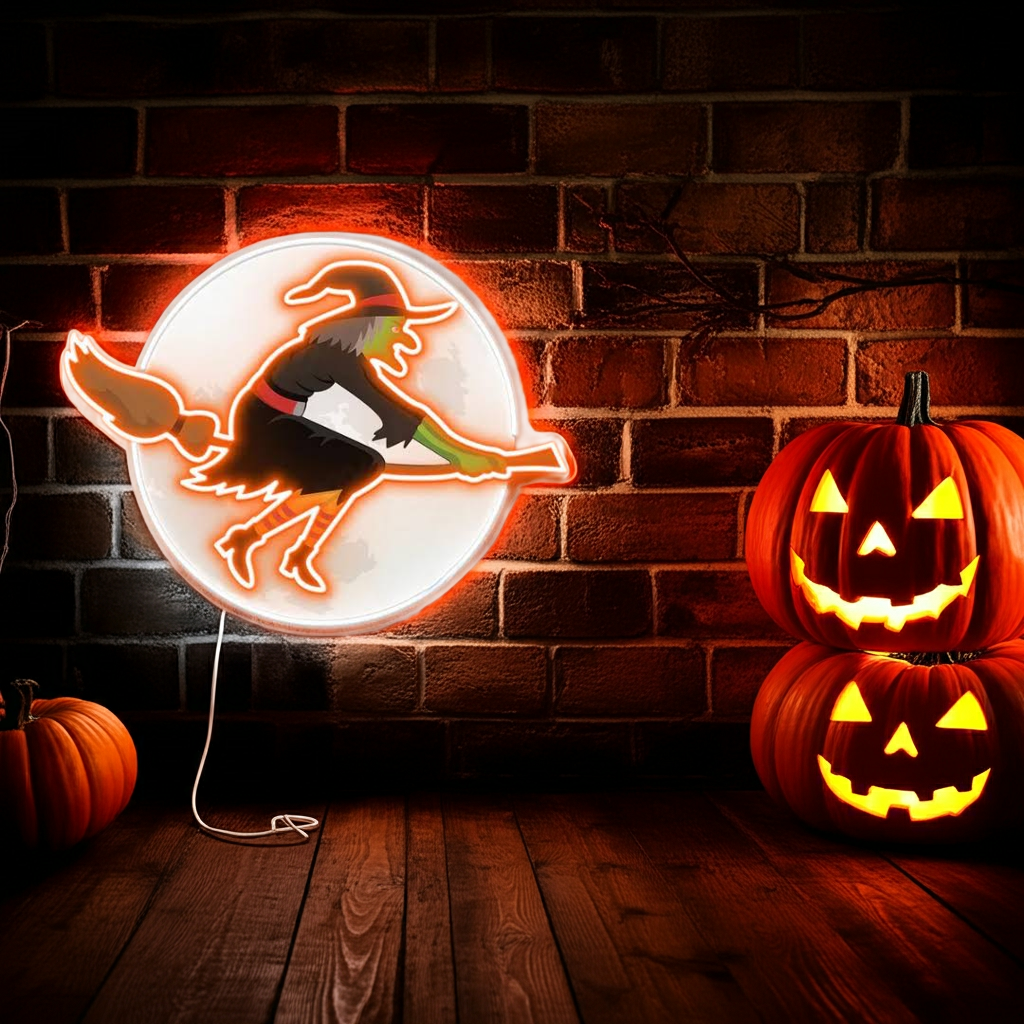 Flying Witch Halloween LED Neon Sign by LEDNeons - Perfect for Haunted Theme Party 