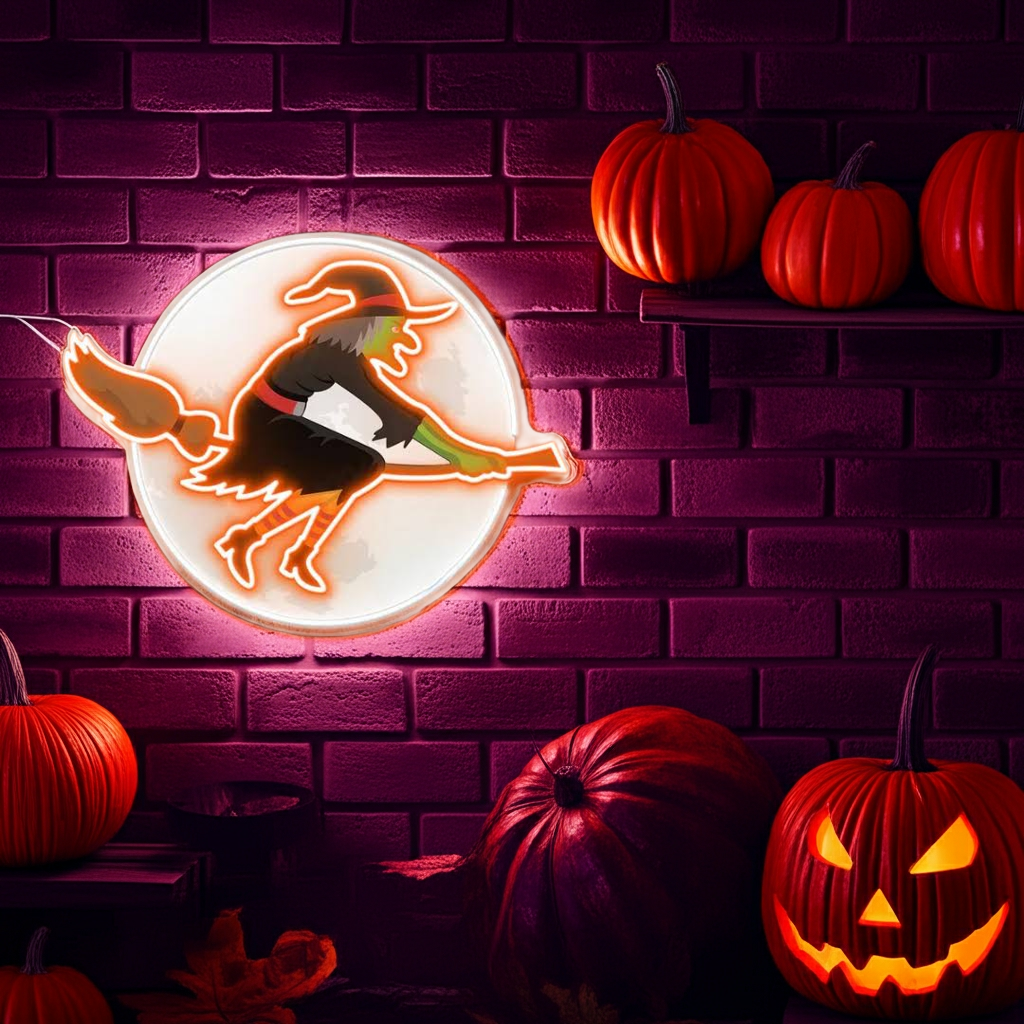 Flying Witch Halloween LED Neon Sign by LEDNeons - Perfect for Haunted Theme Party 