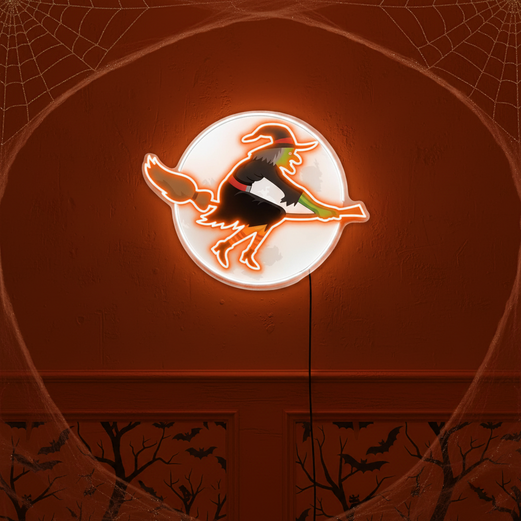 Flying Witch Halloween LED Neon Sign by LEDNeons - Perfect for Haunted Theme Party 