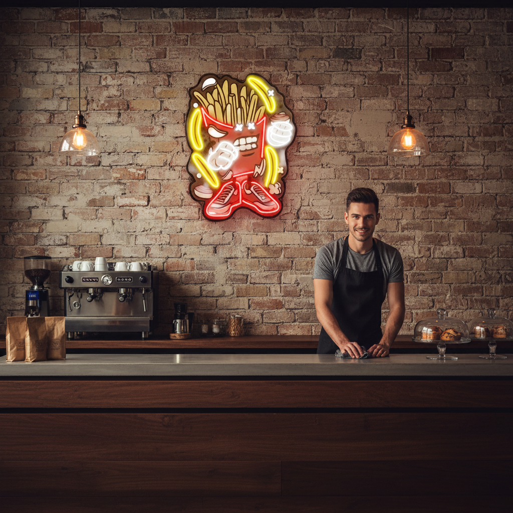 French Fries Cartoon UV Neon Sign by LEDNeons – playful glowing fries design in bright UV neon colors 