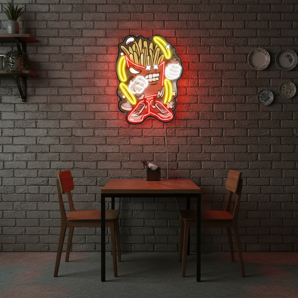 French Fries Cartoon UV Neon Sign by LEDNeons – playful glowing fries design in bright UV neon colors 