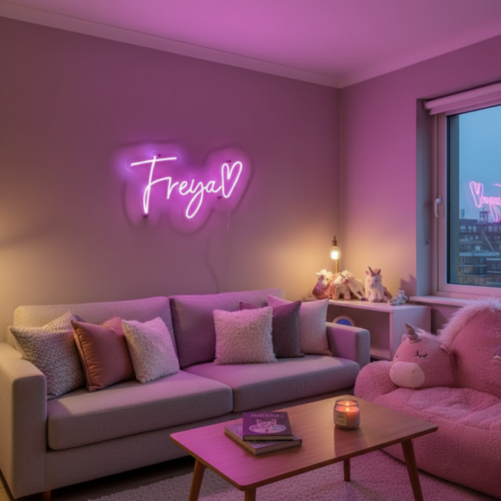 Freya Name LED Neon Sign by LEDNeons -  glowing in stylish cursive font on a wall backdrop