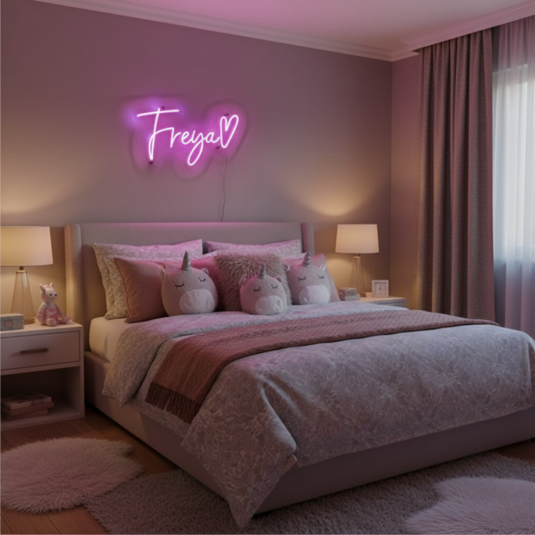 Freya Name LED Neon Sign by LEDNeons -  glowing in stylish cursive font on a wall backdrop