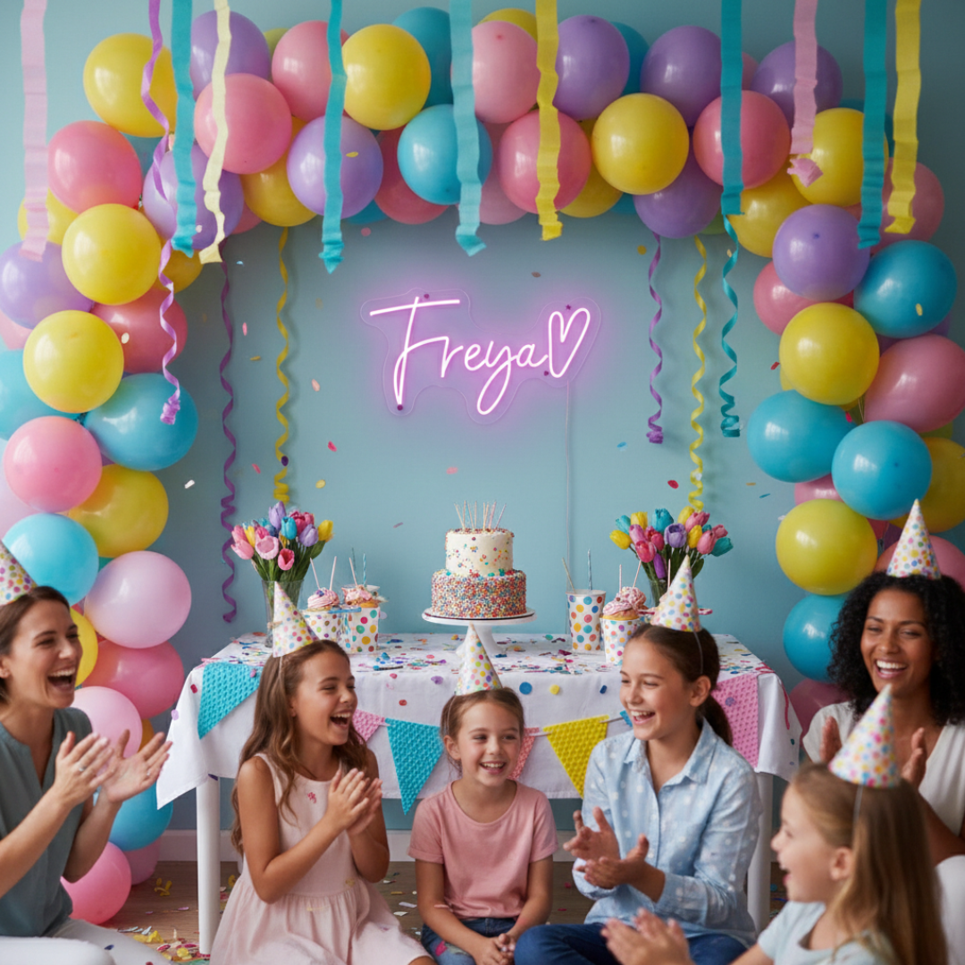 Freya Name LED Neon Sign by LEDNeons -  glowing in stylish cursive font on a wall backdrop