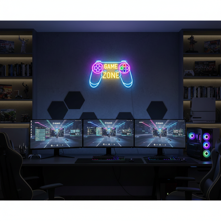 Game Zone LED Neon sign by LEDNeons -  mounted on a wall, adding vibrant light to a modern gaming setup.