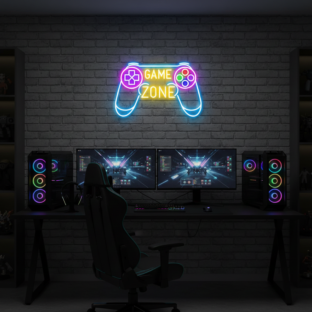Game Zone LED Neon sign by LEDNeons -  mounted on a wall, adding vibrant light to a modern gaming setup.