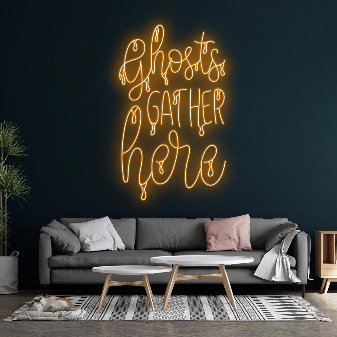 Ghost Gather Here Halloween LED Neon Sign by LedNeons.com - Above the couch