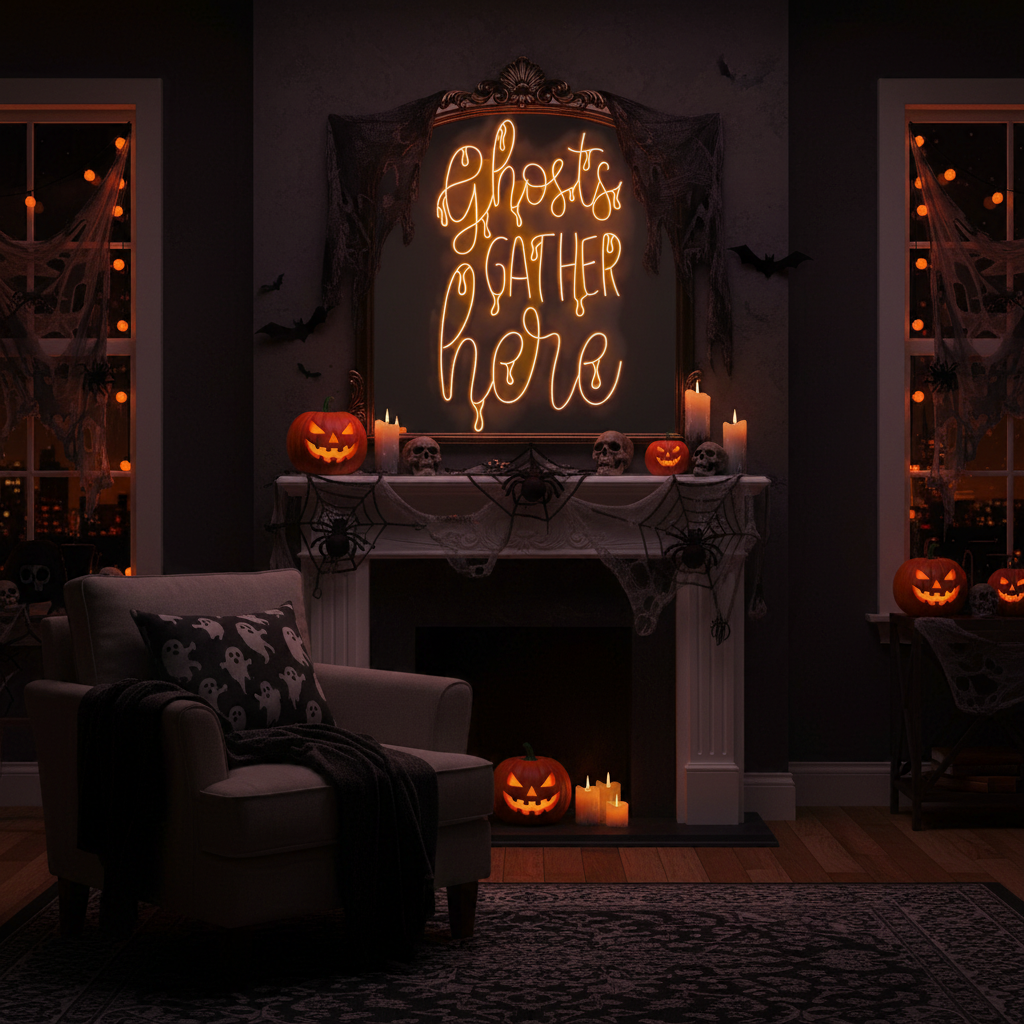 Ghost Gather Here Halloween LED Neon Sign by LEDNeons
