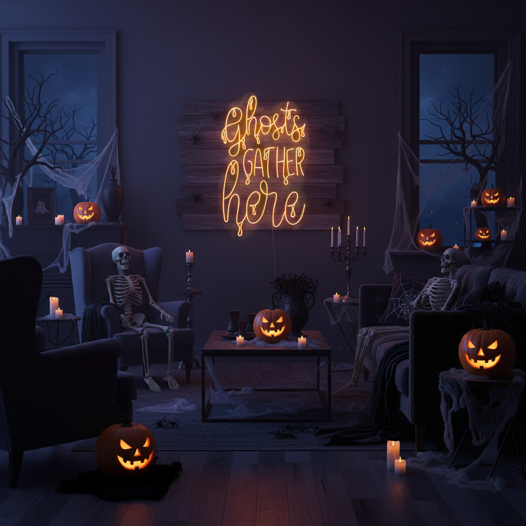 Ghost Gather Here Halloween LED Neon Sign by LEDNeons