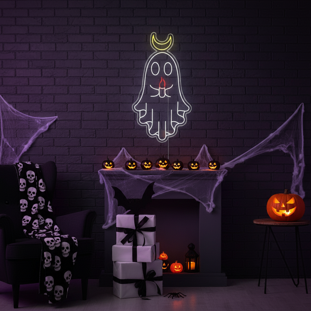 Ghost Handing A Candle Halloween LED Neon Sign by  LEDNeons -  ideal Halloween decoration for walls and photo backdrops.