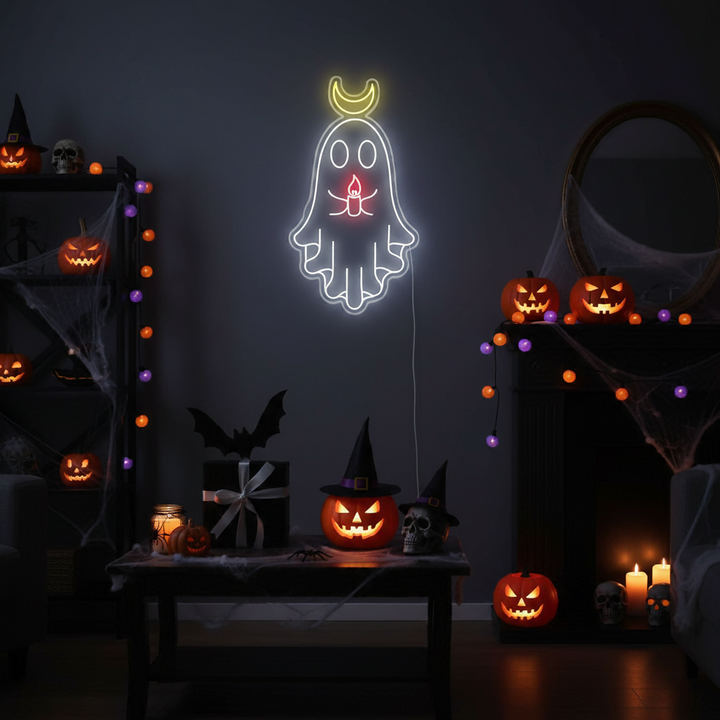 Ghost Handing A Candle Halloween LED Neon Sign by  LEDNeons -  ideal Halloween decoration for walls and photo backdrops.