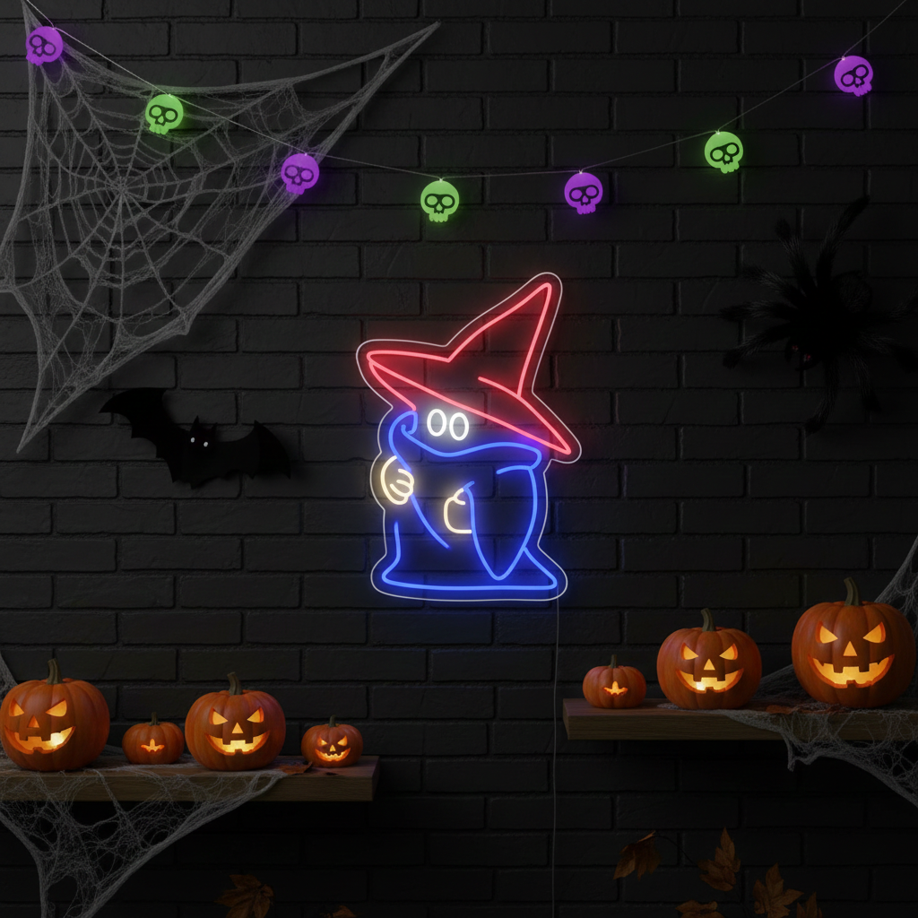 Ghost Wearing a Witch Hat Halloween LED Neon Sign by LEDNeons – Adorable Spooky Ghost Neon Light