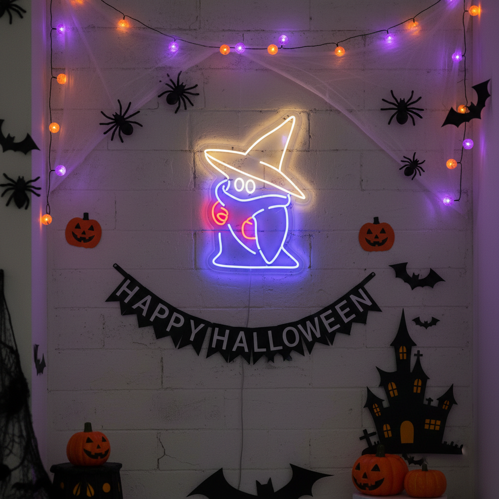 Ghost Wearing a Witch Hat Halloween LED Neon Sign by LEDNeons – Adorable Spooky Ghost Neon Light