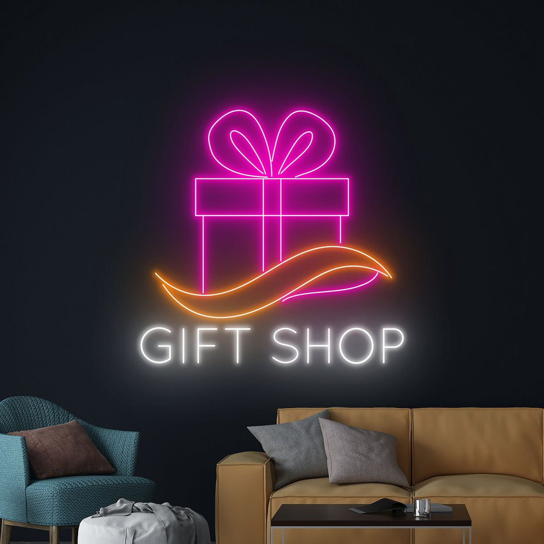  Gift Shop Business Neon Sign  by LEDNeons - Bright LED Gift Shop Neon Sign glowing at storefront entrance