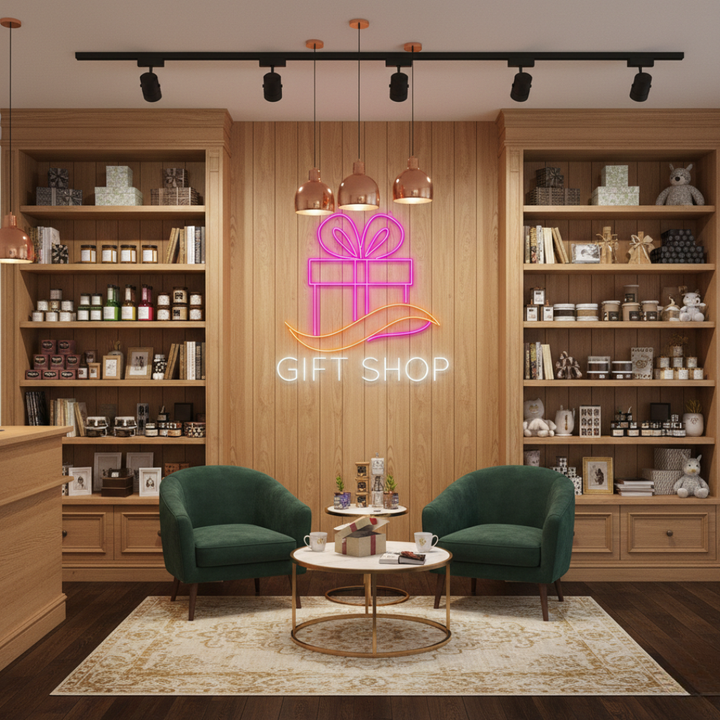 Gift Shop Business Neon Sign by LEDNeons - Bright LED Gift Shop Neon Sign glowing at storefront entrance