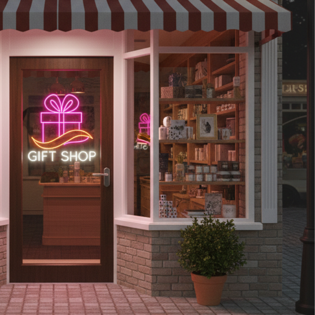 Gift Shop Business Neon Sign  by LEDNeons - Bright LED Gift Shop Neon Sign glowing at storefront entrance
