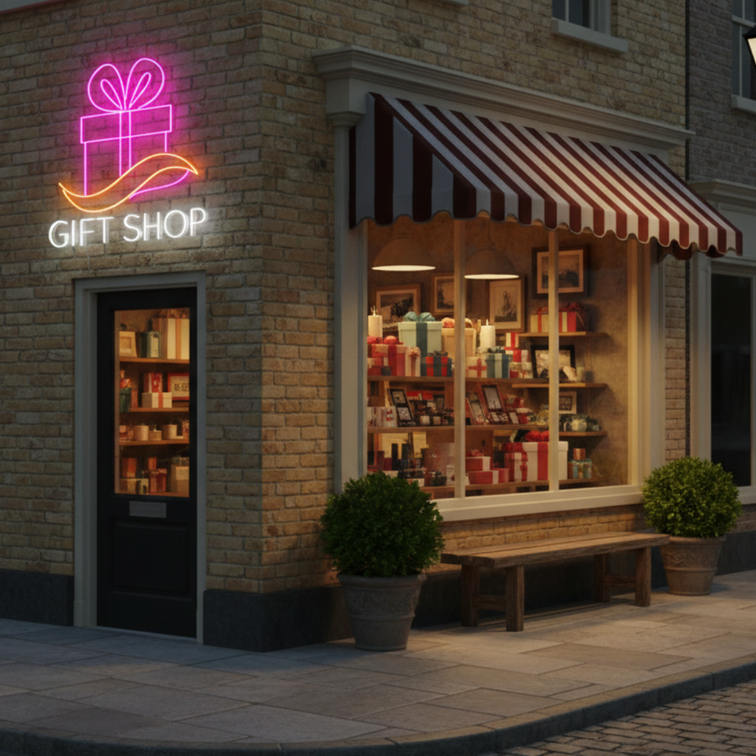 Gift Shop Business Neon Sign  by LEDNeons - Bright LED Gift Shop Neon Sign glowing at storefront entrance