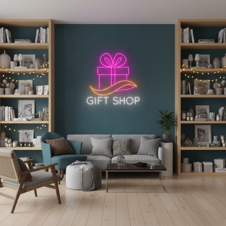 Gift Shop Business Neon Sign  by LEDNeons - Bright LED Gift Shop Neon Sign glowing at storefront entrance
