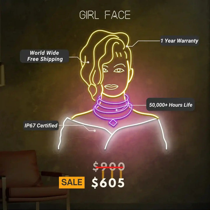 Girl Face LED Neon Sign  by LEDNeons - a striking neon design showcasing a feminine face glowing under UV ligh